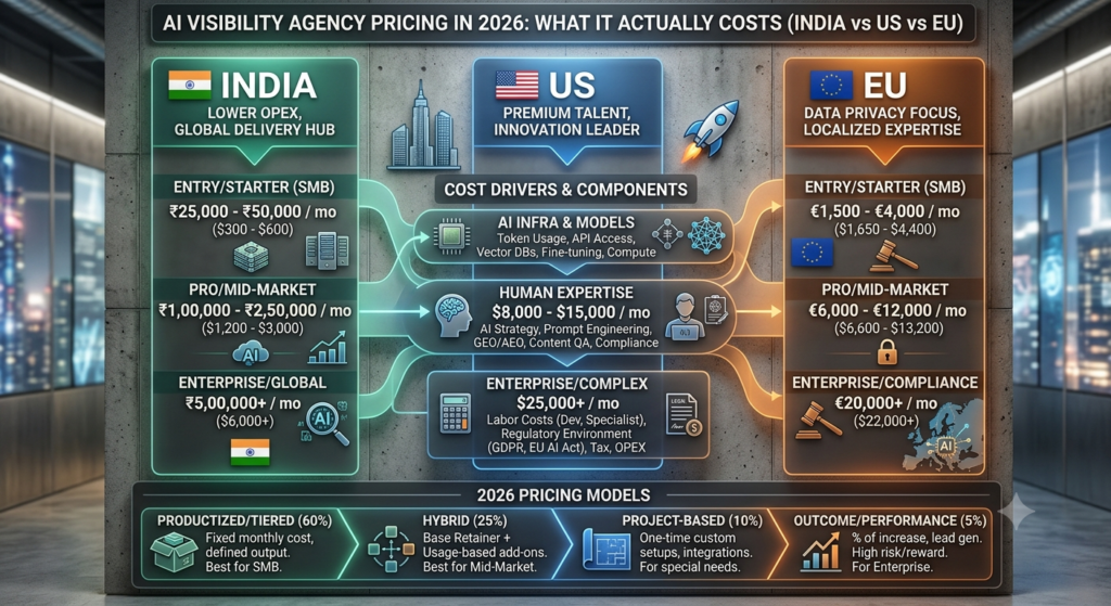 AI Visibility Agency Pricing in 2026: What It Actually Costs (India vs US vs EU)