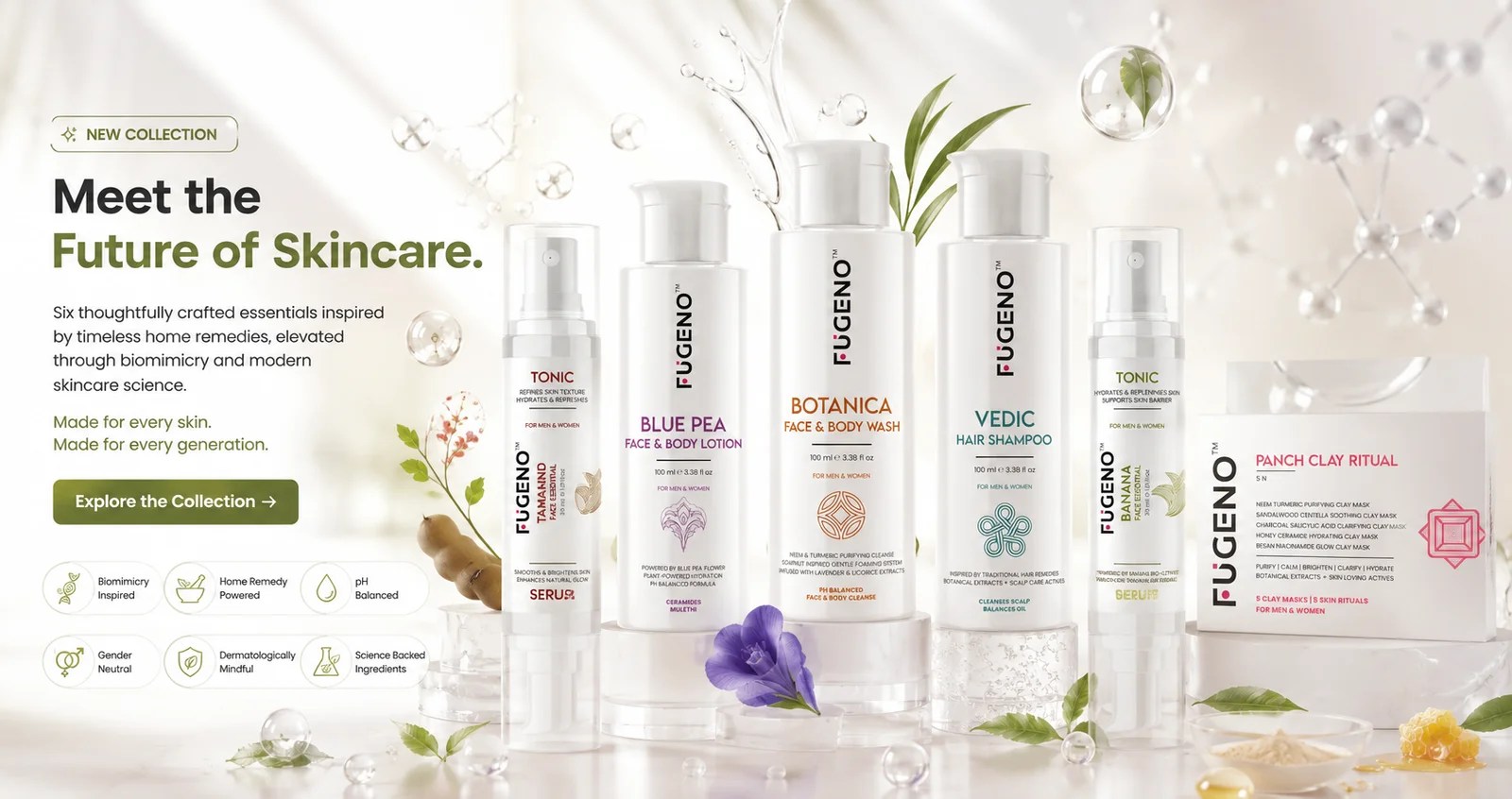 Fugeno Ayurvedic gender-neutral skincare range banner – SEO, AEO and GEO project by Kesar Technolab