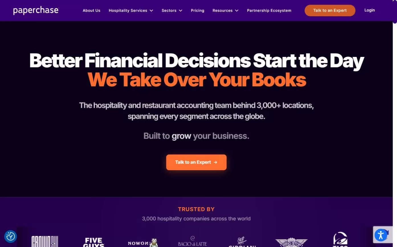 Paperchase hospitality accounting homepage – content and local SEO portfolio project by Kesar Technolab